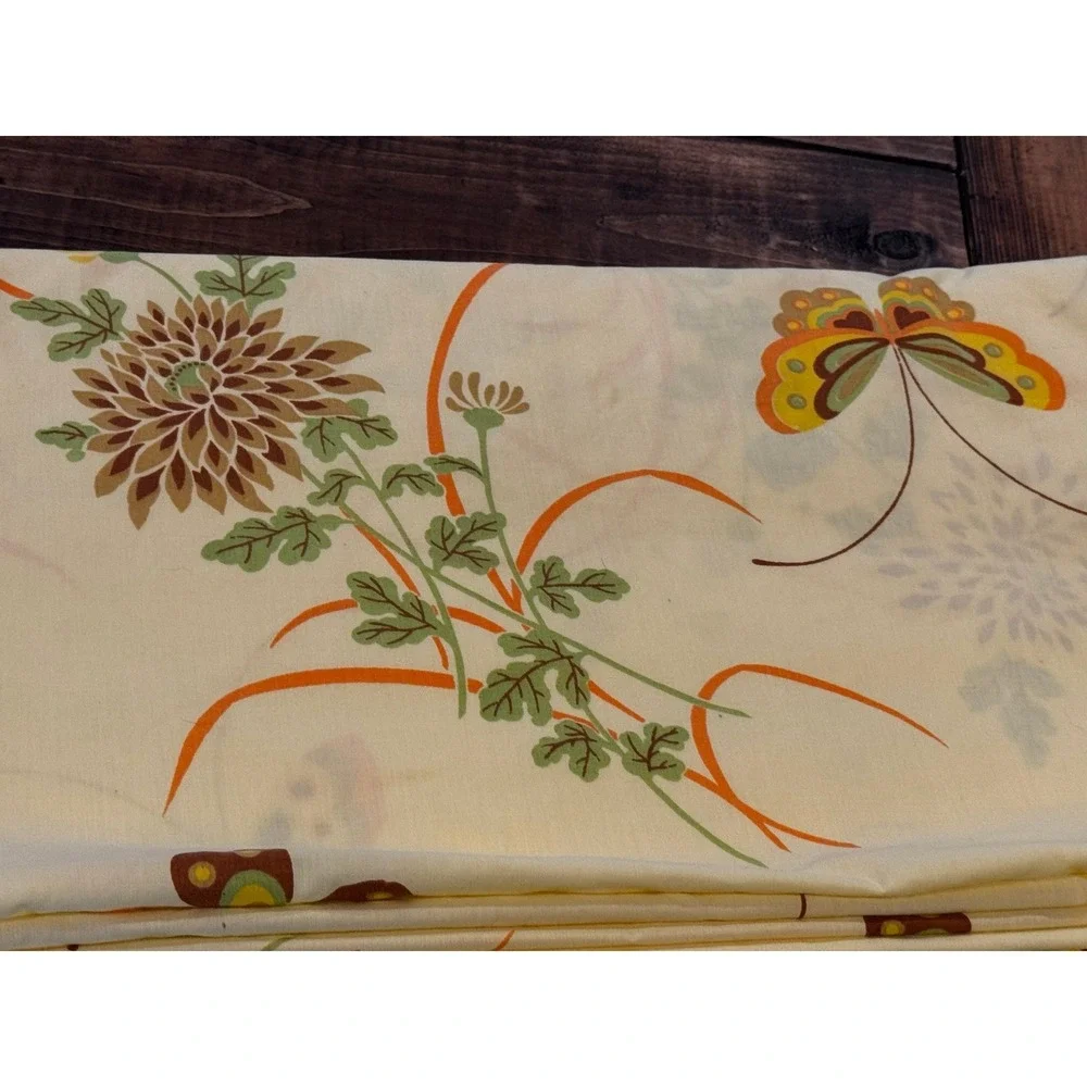 Cannon Flat Sheet Vintage FULL Yellow Butterfly Floral 70s 80s Percale fabric‎